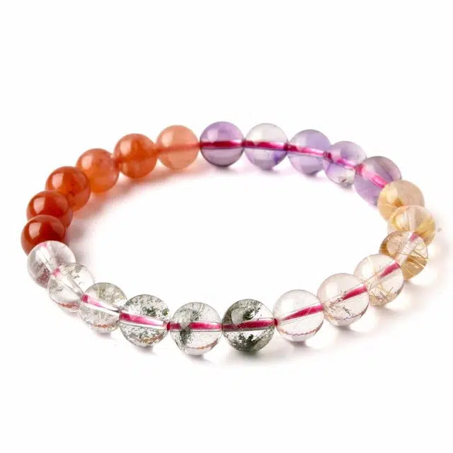 【事事如意】 灵菲 绿幽灵金发晶红兔毛紫水晶多宝渐变素圈 新中式小众设计财源广进事业高升招财纳福手饰#好运天然 多色水晶 手串 女款