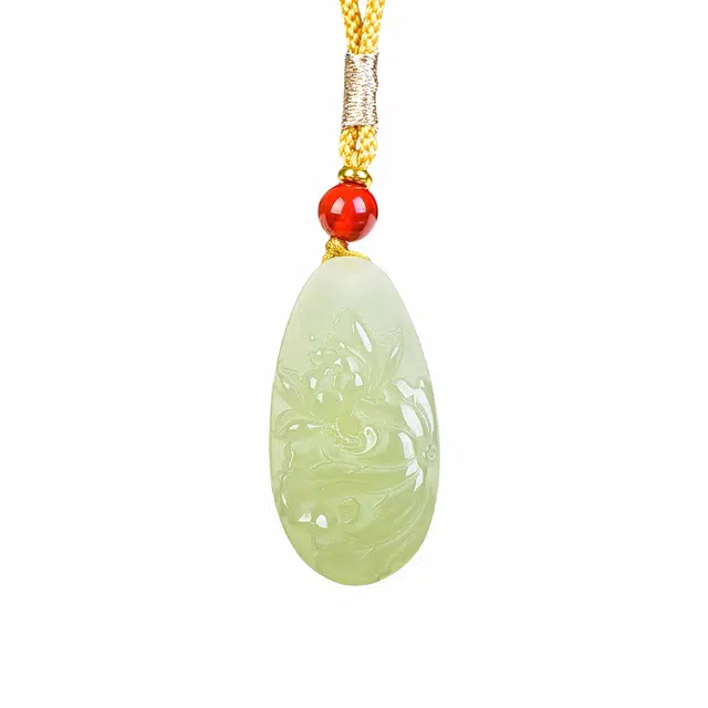 舒杰 国风精雕荷花牌 简约 礼盒包装#好运 和田玉项链 青白玉 女款