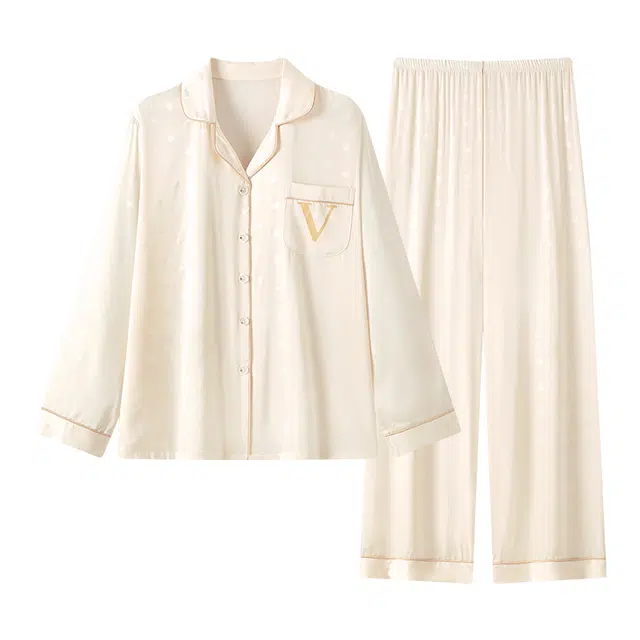 莫代尔 清新舒适翻领柔软亲肤长袖上衣家居服可外穿不易起球长裤睡衣套装 女款 杏色