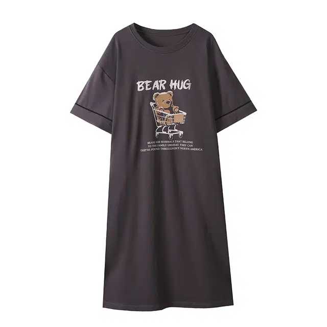 乐姿韵 带胸垫简约玩具熊字母印花卡通圆领柔软短袖舒适家居服睡裙 女款 深灰色