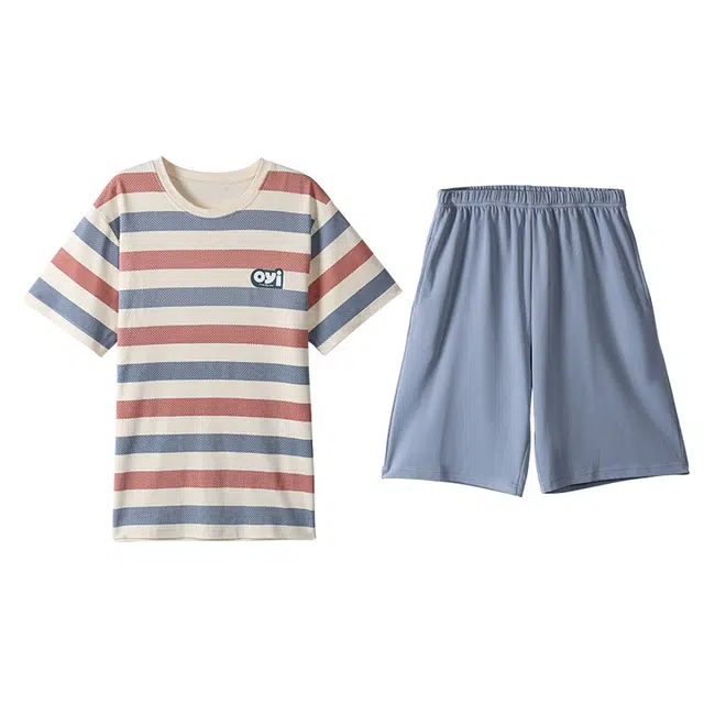 莫代尔 条纹亲肤圆领上衣纯色薄款透气五分裤睡衣套装 男款 花色