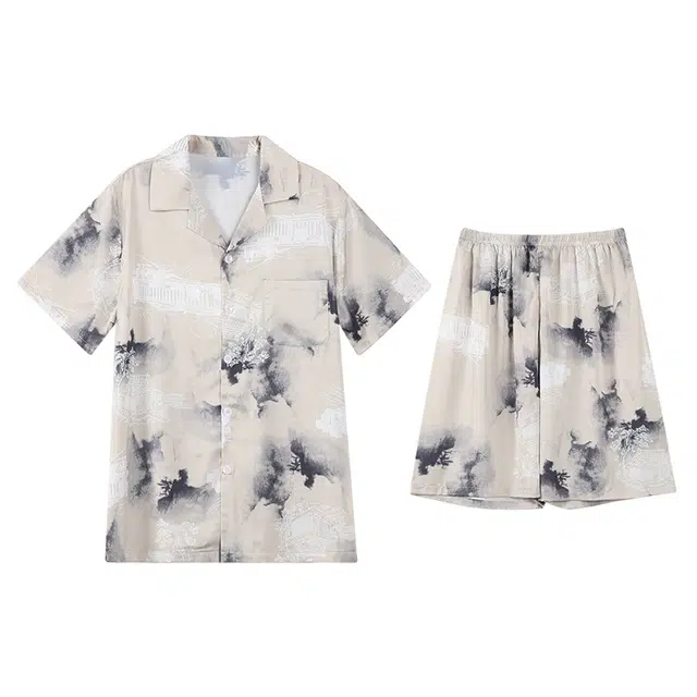 莫代尔 简约休闲百搭翻领开衫舒适柔软睡衣套装 男女同款