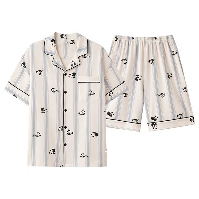 俏薇妮 柔软纯棉简约熊猫图案翻领短袖高级感家居服休闲宽松舒适凉爽透气可外穿睡衣礼盒 男款 米白色