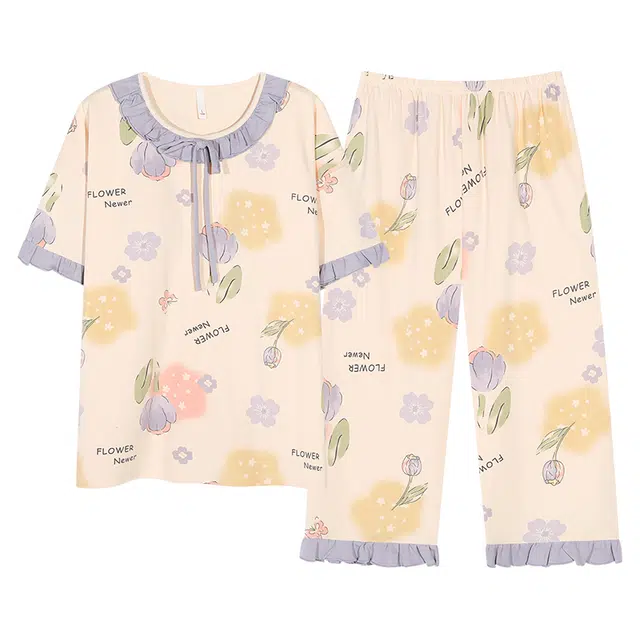 俏佳人 带胸垫圆领短袖上衣可外穿七分裤睡衣套装 女款 紫色郁金香