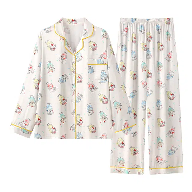 莫代尔 休闲舒适甜美翻领开衫轻柔细腻无束缚长袖长裤家居服可外穿睡衣套装 女款 花色