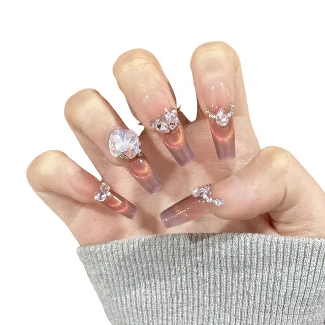 爱鼎琪 轻奢猫眼法式碎钻纯欲  穿戴甲 中梯酒红色渐变