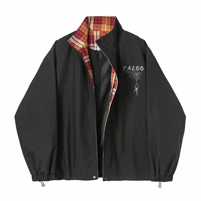 雅鹿 美式高街潮流简约纯色格子拼接撞色运动休闲户外背面蜘蛛英文字母印花宽松立领长袖夹克外套 男女同款