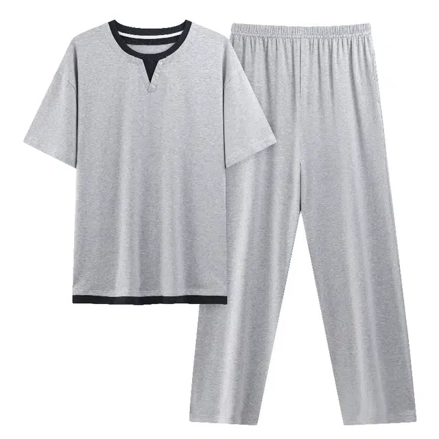 宫蝶 短袖纯棉可外穿休闲家居服简约假两件睡衣套装 男款