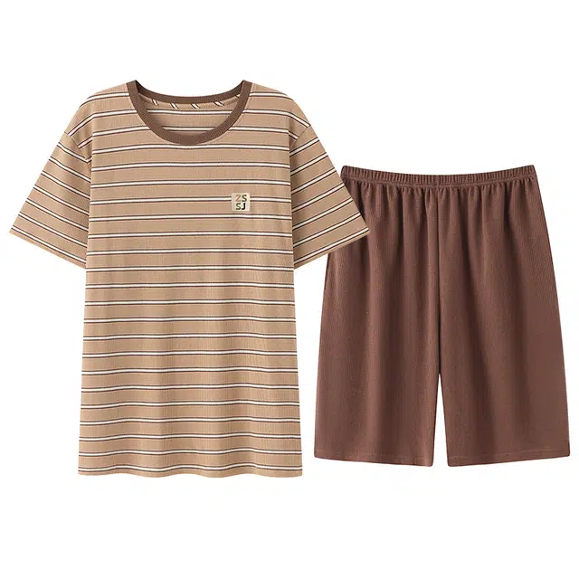 好福份 短袖舒适简约休闲条纹家居服睡衣套装 男款 图片色