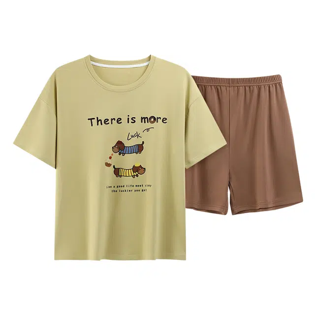 宫蝶 短袖纯棉卡通家居服休闲可外穿舒适睡衣套装 女款 绿色