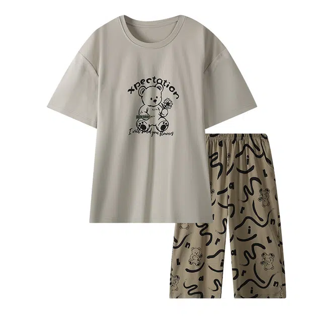 俞兆林 带胸垫简约小熊卡通圆领柔软短袖七分裤舒适休闲家居服睡衣套装 女款 灰色
