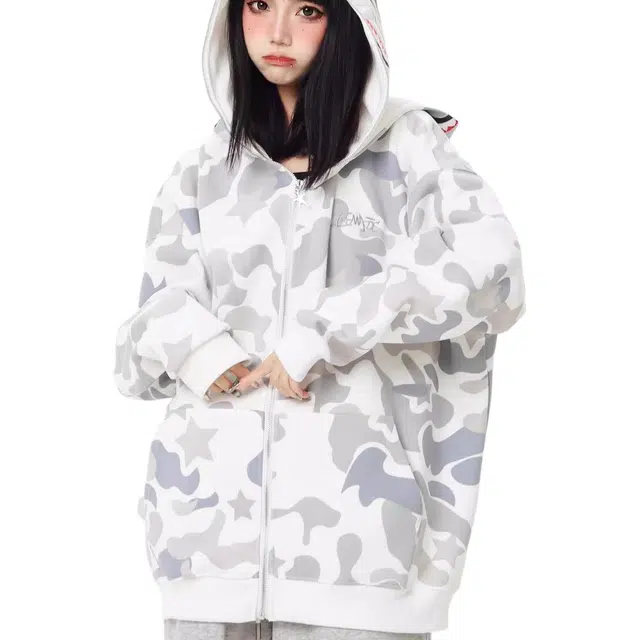 欧迪芬 鲨鱼双层连帽开衫外套休闲宽松垂感落肩卫衣 女款 迷彩白