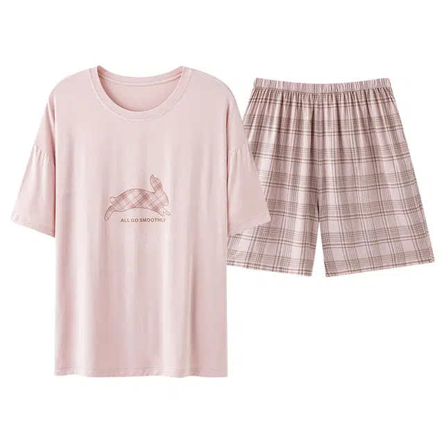 莫代尔 休闲柔软亲肤舒适圆领套头简约轻便时尚百搭透气不易起球短袖家居服可外穿睡衣套装 女款 浅粉