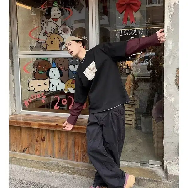 欧迪芬 美式潮牌假两件衬衫袖口简约字母垂感休闲宽松落肩卫衣 男女同款