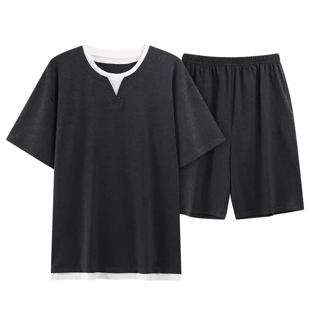 宫蝶 纯棉短袖可外穿休闲家居服简约假两件睡衣套装 男款