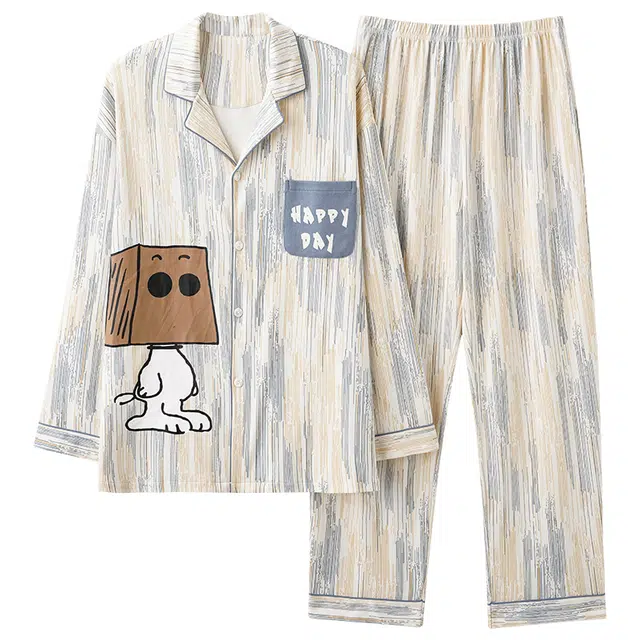 俏韵 卡通翻领长袖上衣家居服长裤睡衣套装 男款 杏色