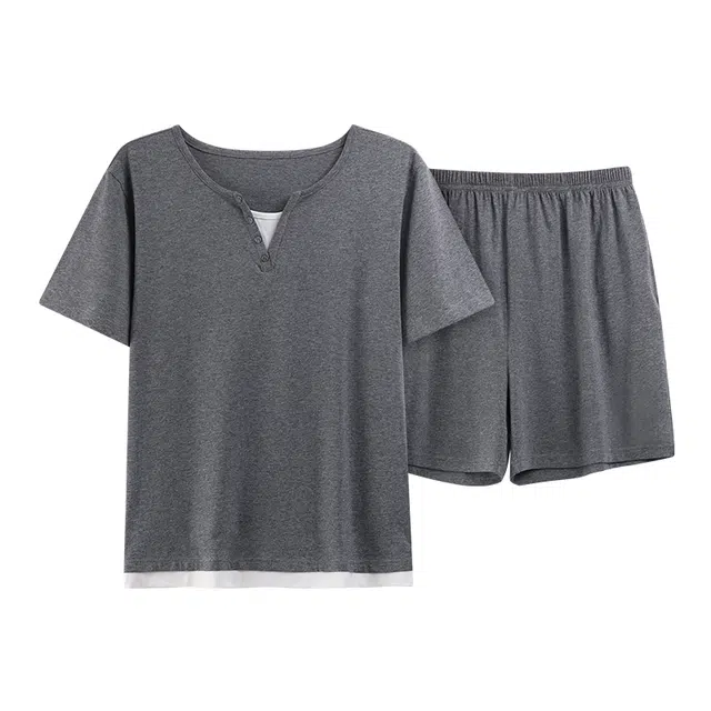 宫蝶 纯棉短袖假两件家居服可外穿休闲简约睡衣套装 女款