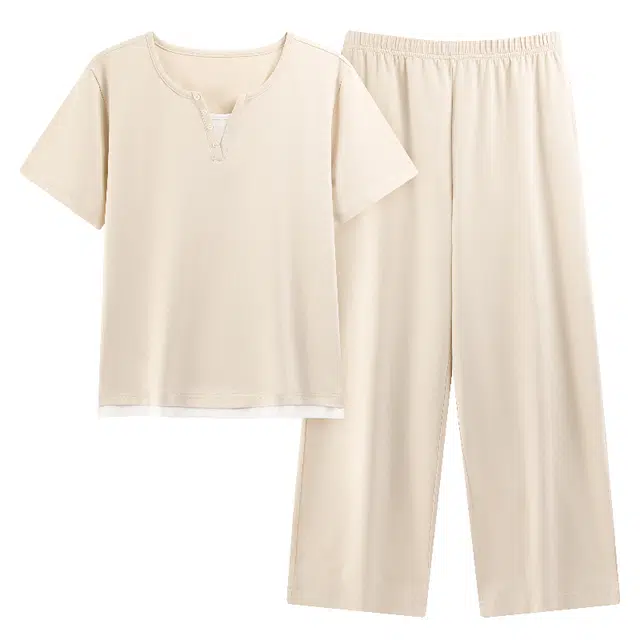 宫蝶 短袖纯棉可外穿休闲家居服简约假两件睡衣套装 女款