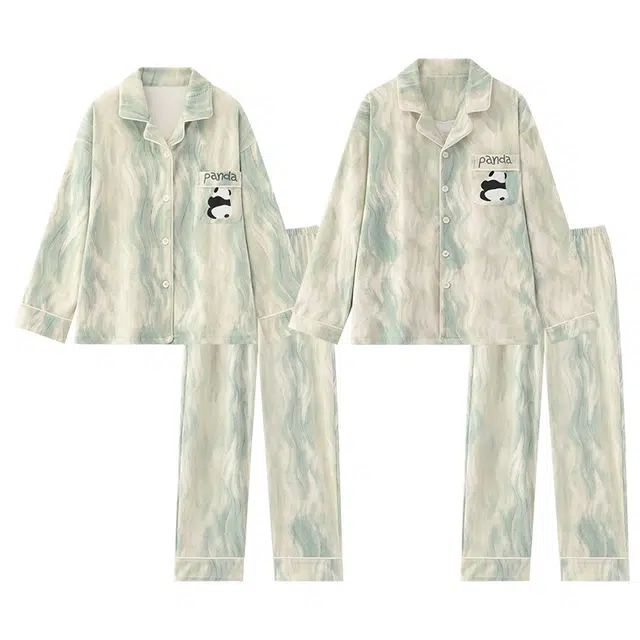 俏韵 翻领熊猫舒适简约长袖长裤家居服可外穿睡衣套装 男女同款
