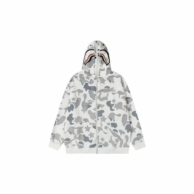 物质公式 美式重磅高街复古毛巾绣双层拼接连帽鲨鱼刺绣宽松百搭潮流时尚个性拉链夹克外套 男女同款 灰色