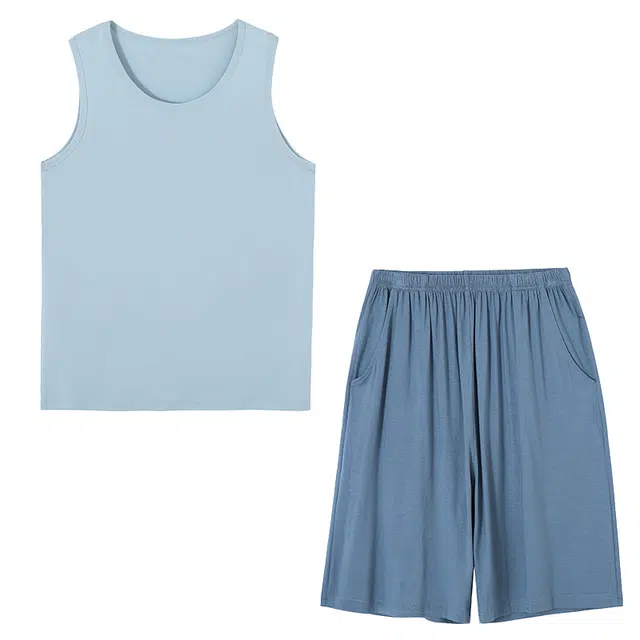 莫代尔 可外穿轻薄休闲时尚透气细腻亲肤轻盈圆领舒适家居服睡衣套装 男款 亮钢蓝