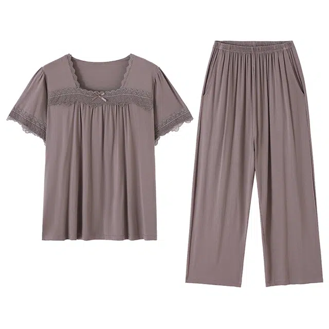 莫代尔 舒适细腻柔软亲肤大方气质优雅短袖长裤家居服可外穿睡衣套装 女款 玫瑰棕色