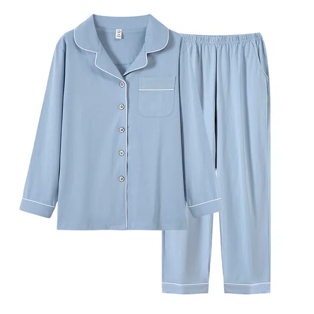 棉基因 轻奢风亲肤简约翻领开衫透气长袖长裤睡衣套装 女款 天青