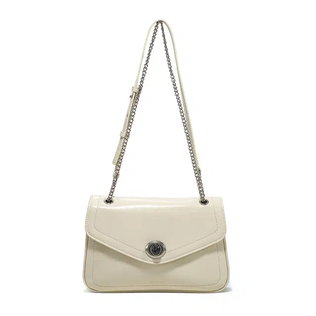 西木汀 复古时尚经典链条包简约百搭腋下单肩包 牛皮 精致小众锁扣女包 斜挎包 常规 女款 米白色/深邃黑