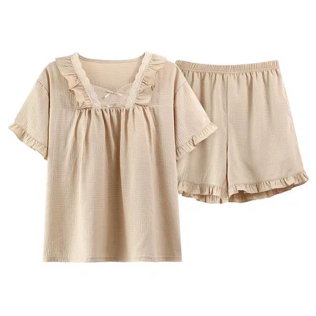 莫代尔 柔软甜美套头温柔舒适时尚气质百搭休闲短袖可外穿睡衣套装 女款 卡其色