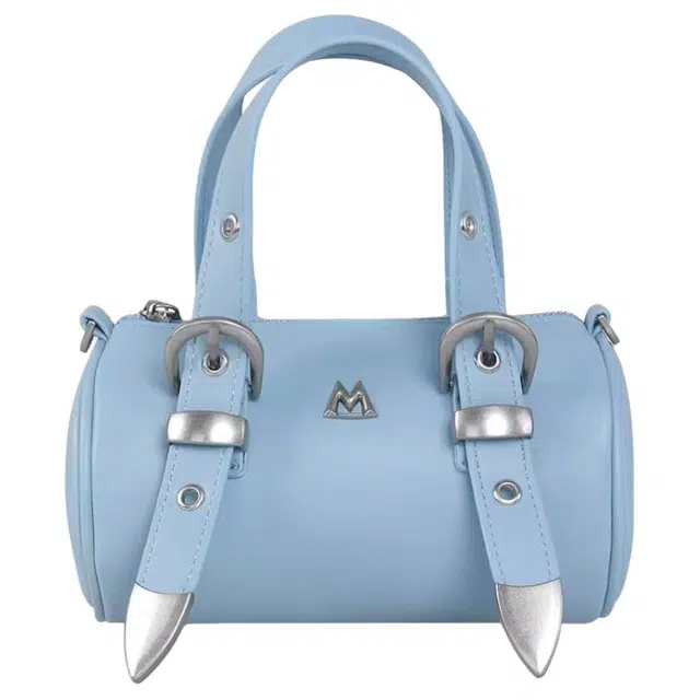 木川卡 时尚轻便百搭 合成革 圆筒包单肩斜挎手提包 中号 女款 浅蓝色