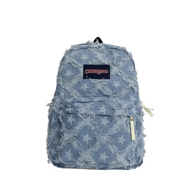 爱尔绅特 学院风星形图案复古大容量休闲书包初中生韩版校园休闲时尚百搭高中学生背包 牛仔布 双肩包 男女同款情侣款 多色