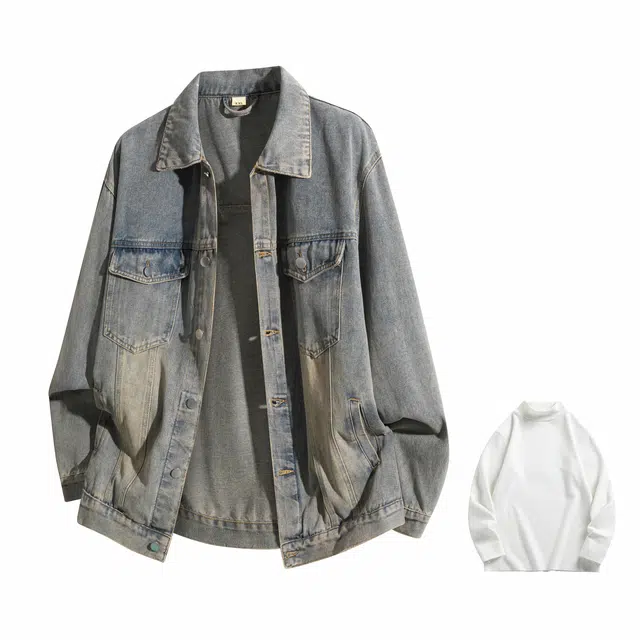 加绒款与常规款可选的通勤单品 潮牌美式复古高街水洗做旧翻领工装口袋宽松舒适百搭休闲时尚牛仔外套 男女同款