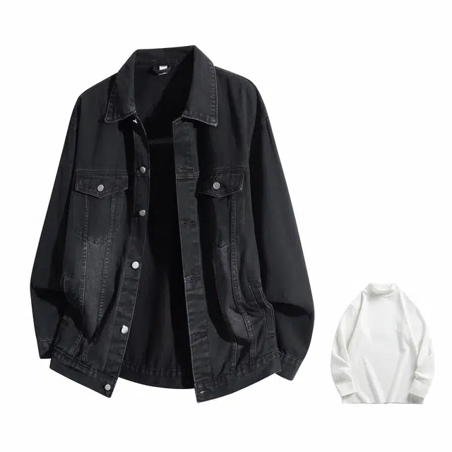 加绒款与常规款可选的通勤单品 潮牌美式复古高街水洗做旧翻领工装口袋宽松舒适百搭休闲时尚牛仔外套 男女同款