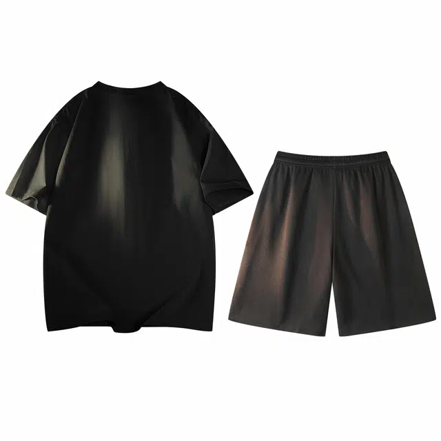 吾皇猫 美式复古百搭卡通动漫字母圆领短袖上衣基础款舒适简约短裤休闲运动套装 男女同款