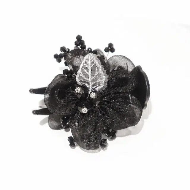 沂茹 文艺森系简约优雅气质甜美黑色花朵串珠雪纺盘发时尚日常百搭温柔甜美温柔 布艺 发夹 女款