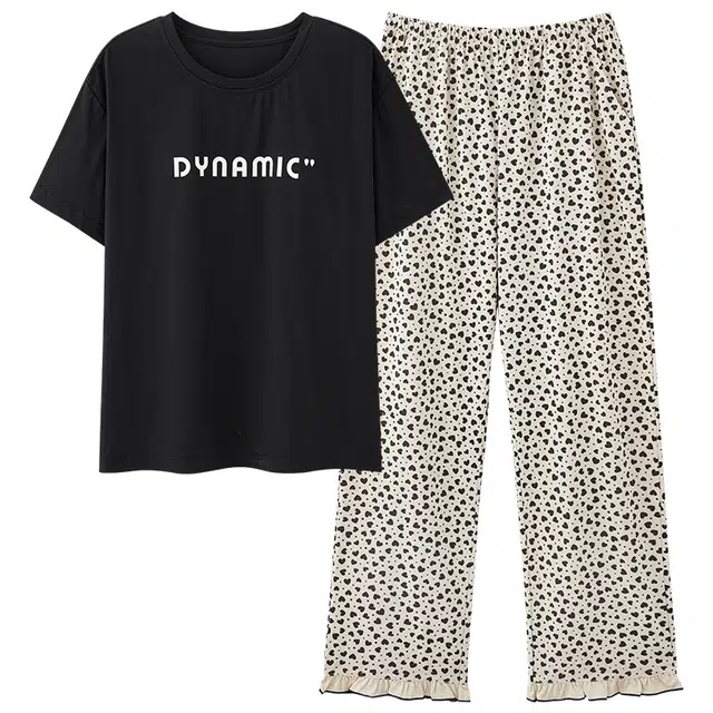 莫代尔 时尚宽松百搭圆领套头轻盈透气休闲不易起球短袖长裤可外穿夏季睡衣套装 女款 黑色