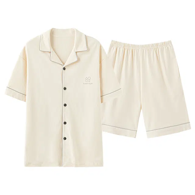 夏芬妍 简约舒适柔软高级感纯色纯棉翻领开衫家居服亲肤休闲短袖短裤时尚可外穿睡衣套装 男款 杏色