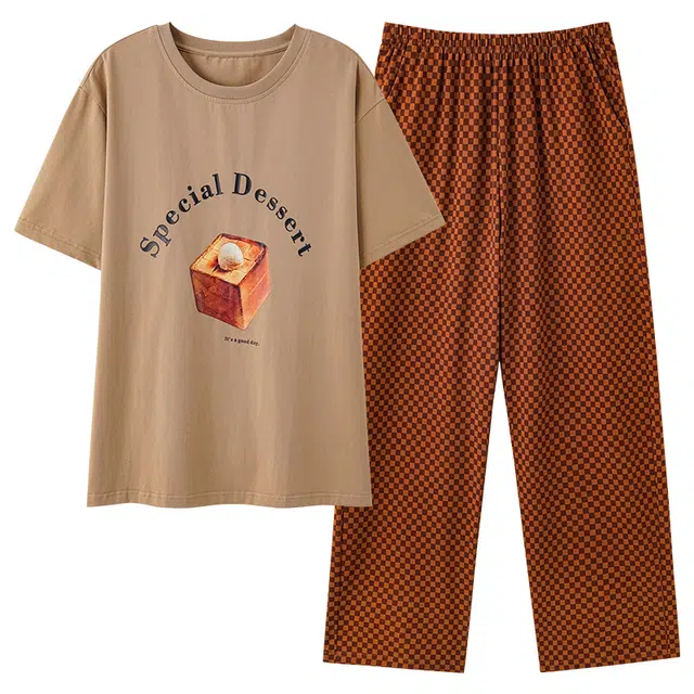 莫代尔 百搭舒适轻盈透气圆领套头时尚柔软亲肤细腻不易起球短袖长裤可外穿夏季睡衣套装 女款 棕色