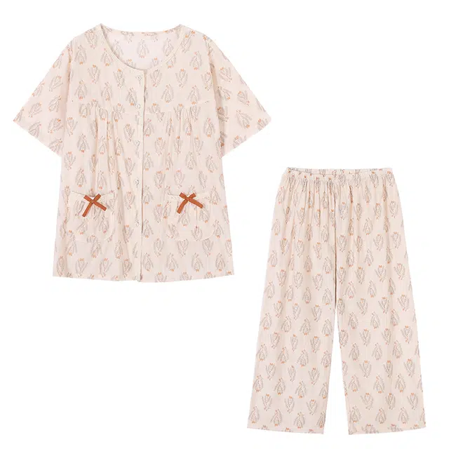 莫代尔 可外穿简约亲肤舒适轻薄柔软短袖七分裤家居服睡衣套装 女款 杏色