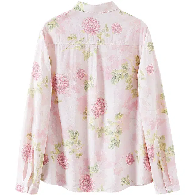 她池 翻领单排扣宽松衬衣清新甜美风印花长袖衬衫 女款 粉色花