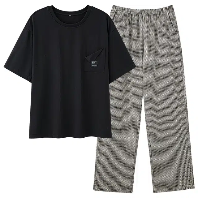 莫代尔 时尚简洁休闲套头宽松细腻柔软亲肤不易起球短袖长裤可外穿夏季睡衣套装 女款 黑色