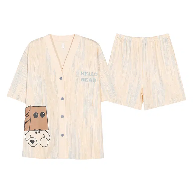 俏薇妮 简约柔软纯棉时尚可爱字母带胸垫短袖高级感家居服休闲舒适凉爽透气可外穿睡衣套装 女款 杏色