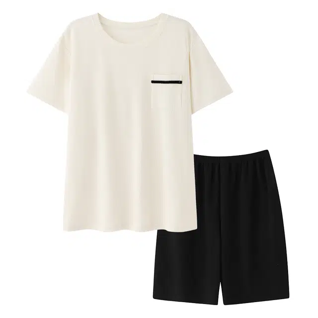 宫蝶 短袖休闲家居服可外穿简约纯色睡衣套装 男款 白色