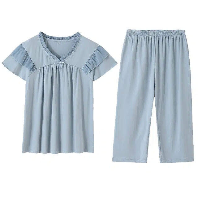 莫代尔 经典舒适简约休闲透气时尚微弹细腻亲肤优雅家居服可外穿睡衣套装 女款 天蓝色