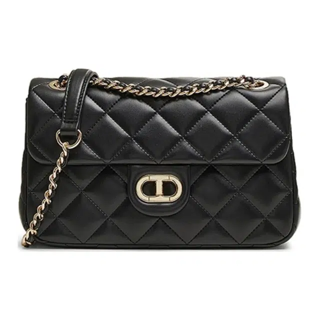 他她 通勤简约 人造革 单肩斜挎包 小号 女款 黑色/米白