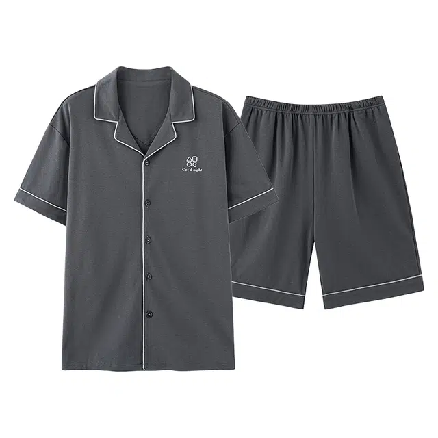 夏芬妍 简约舒适柔软高级感纯色纯棉翻领开衫家居服亲肤休闲短袖短裤时尚可外穿睡衣套装 男款 深灰色