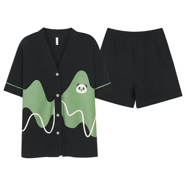 俏薇妮 简约柔软时尚温馨带胸垫短袖高级感家居服休闲舒适凉爽透气可外穿睡衣套装 女款 黑色