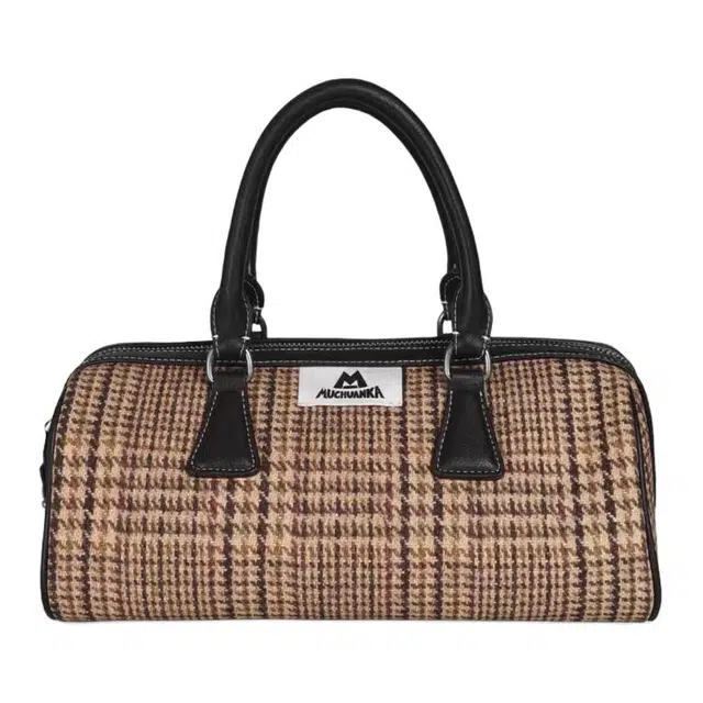 木川卡 通勤小众格子设计 合成革 波士顿单肩手提包 中号 女款 复古黑格