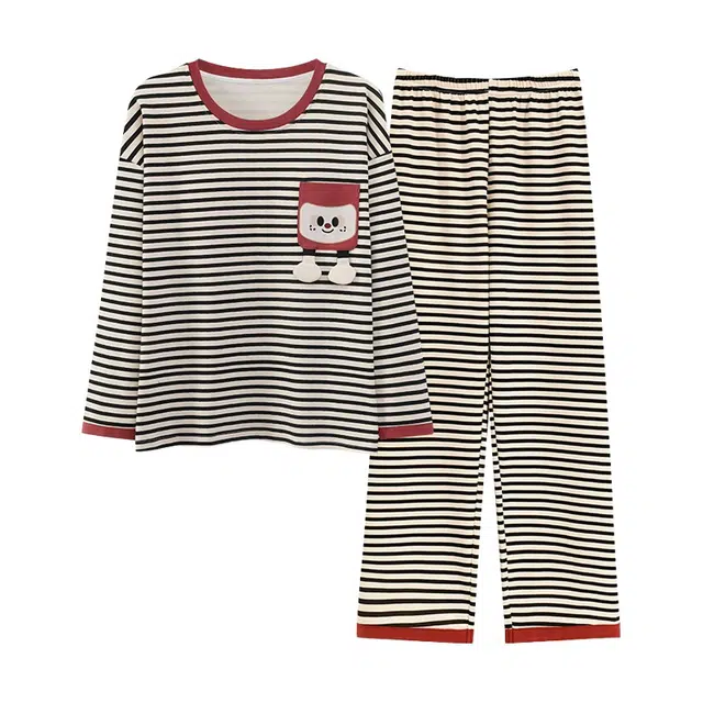 橡柠派 可爱带胸垫简约长袖长裤家居服睡衣套装 女款 黑白条纹