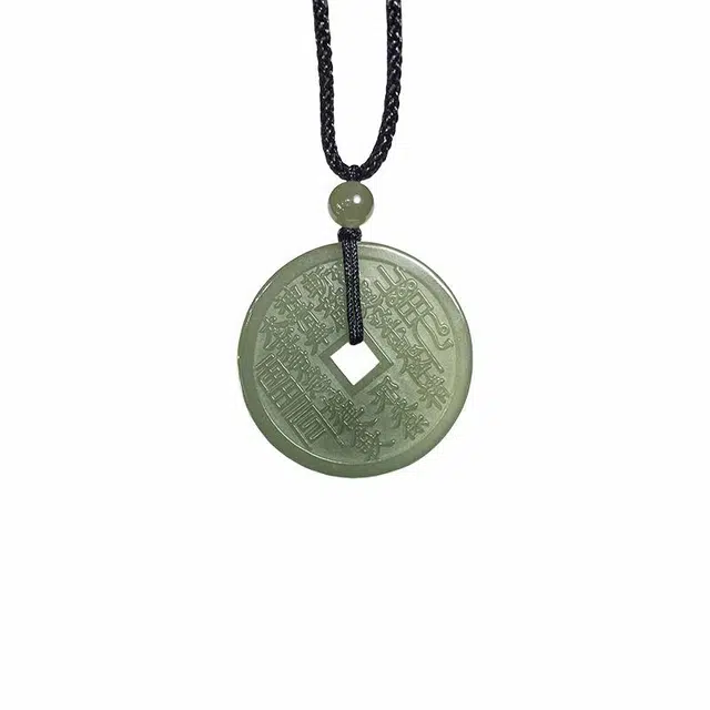 舒杰 新中式国风设计 双面精雕古风山鬼花钱 太极八卦牌 和田玉项链 白玉/青白玉 男女同款情侣款